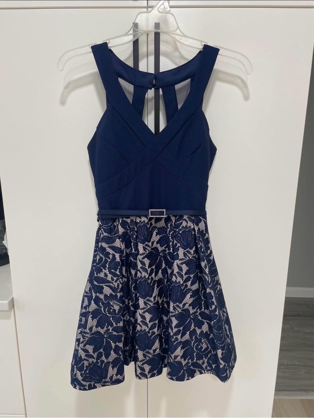 Crystal Doll Navy and Ivory Lace Prom Dress
